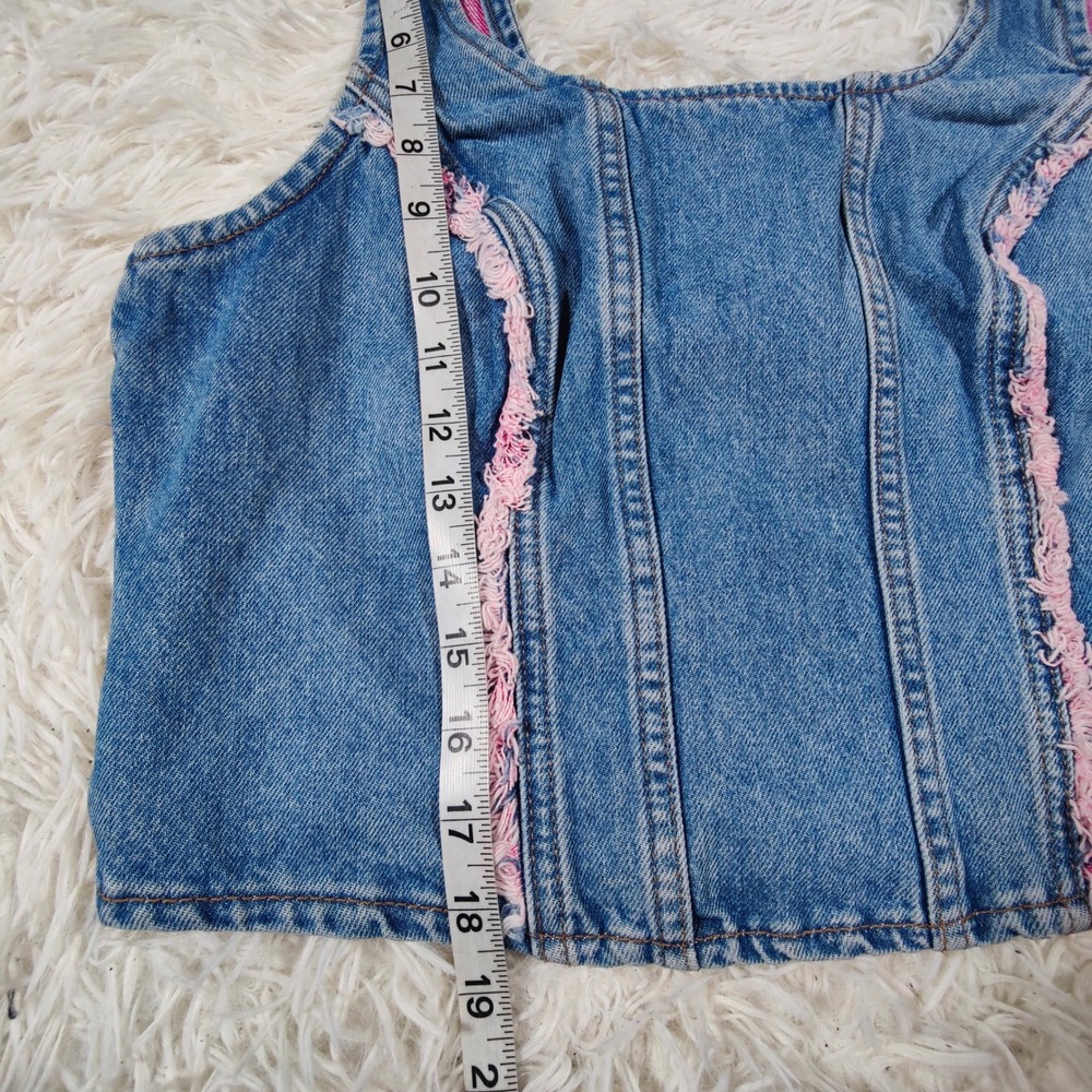 Vintage 90s Lee Denim Corset Bustier Crop Top Pink Frayed Trim Festival Large - Picture 5 of 5